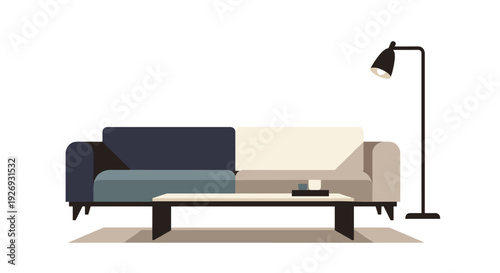 Modern living room interior with stylish sofa, coffee table, and floor lamp.