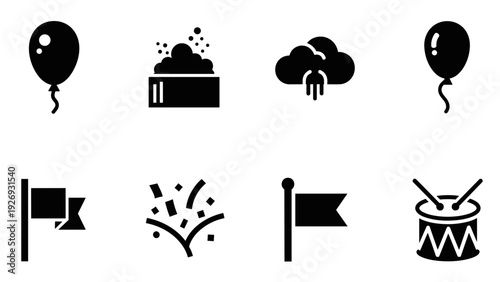 set of party and celebration icons in black silhouette style for festive design