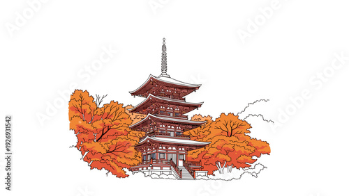 traditional japanese pagoda with autumn foliage hand drawn illustration