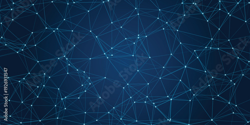 Dynamic blue network of glowing nodes and connecting lines creating a futuristic digital web on a dark blue gradient background