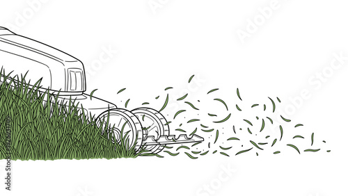 close up of hand drawn vintage lawn mower cutting tall green grass line art vector illustration