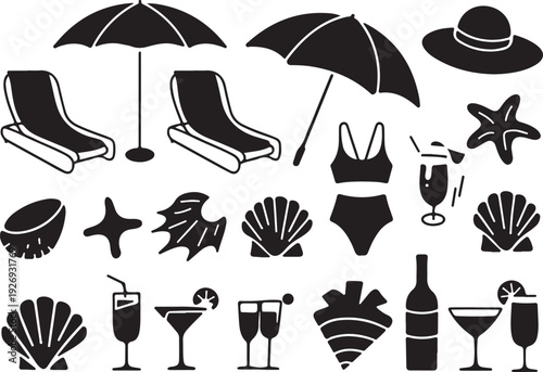 Black silhouettes of summer vacation and beach icons and objects