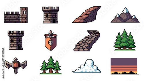 medieval castle tower mountain trees and weapons hand drawn pixel art game icons