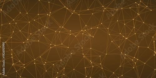 Golden abstract network of interconnected nodes and lines on a warm brown gradient background symbolizing data flow and technological connections