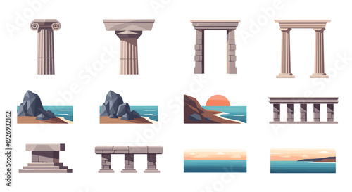 collection of ancient greek columns ruins and seascape landscapes in flat style