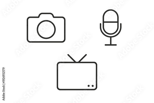 set of hand drawn media icons camera microphone and television on dark background