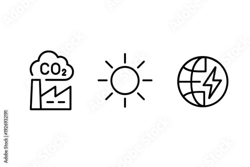 set of environmental icons with factory emitting co2 sun symbol and globe with electric energy in hand drawn style