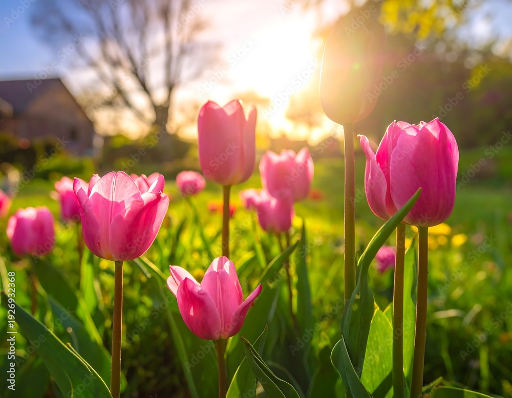 Fototapeta premium Pink tulips blooming in a garden, illuminated by bright sunlight during golden hour