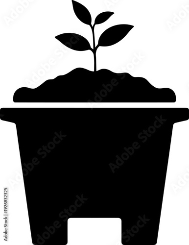 Minimalist Black Silhouette Vector Icon of a Young Plant Sprout in a Pot - Symbolizing New Life, Growth, and Sustainable Gardening for Environmental Concepts & Eco-Friendly Designs