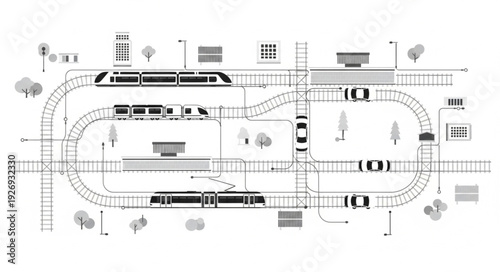 Detailed illustration of a railway system with trains, stations, and tracks.