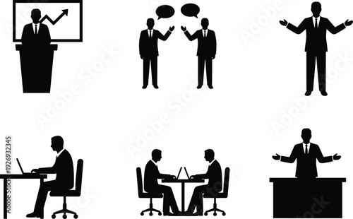Business presentation silhouettes set, corporate meeting discussion, office teamwork concept, professional speakers and managers vector isolated on white background illustration