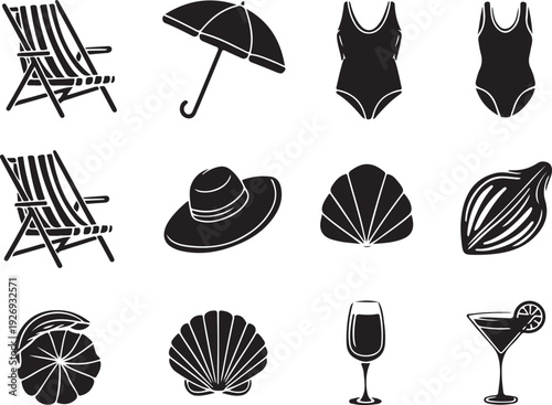 Black and white beach icons including furniture and accessories