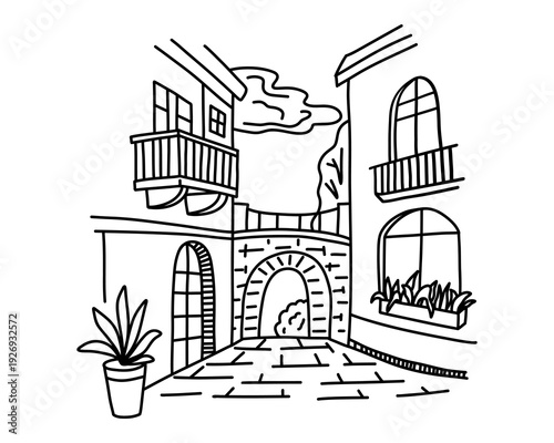 Mediterranean street cafe building hand drawn summer outline illustration isolated on white background travel architecture concept. Vector illustration