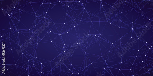 Deep blue abstract network structure with luminous white nodes and connecting lines creating a futuristic technological grid on a dark blue background