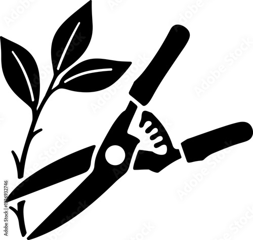 Essential Gardening Pruning Shears Cutting a Plant Branch Vector Icon Illustration. Perfect for Horticulture, Landscaping, and Home Garden Maintenance Projects and Design Assets.
