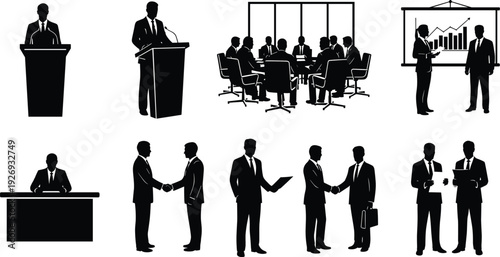 Business people silhouettes, corporate meeting, handshake agreement, presentation, conference boardroom, speaker podium, teamwork collaboration, black vector isolated on white background 