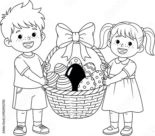 Two happy children collaboratively hold a large wicker basket filled with decorated Easter eggs complete with a big bow on top ready for coloring activity