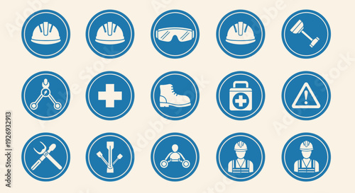 Collection of construction and industrial safety icons, including hard hat, safety glasses, earmuffs, tools, first aid, and safety boots, on a light beige background.