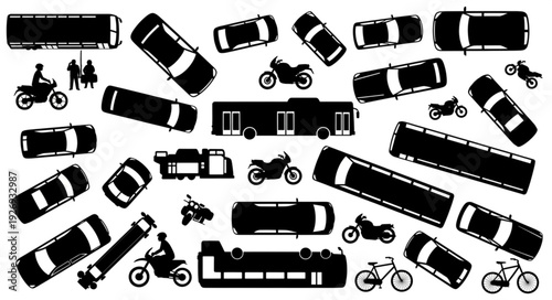 Overhead view of various vehicles including buses, cars, motorcycles, and bicycles.