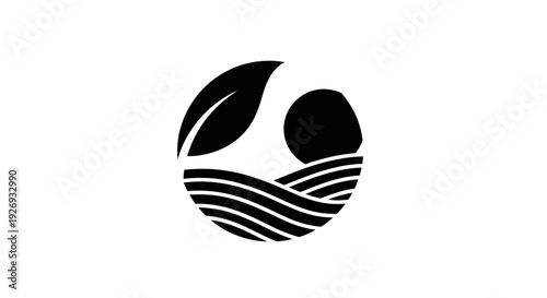 Organic farming logo with a green leaf over stylized farm fields and sun, representing nature and agriculture, on an isolated white background.