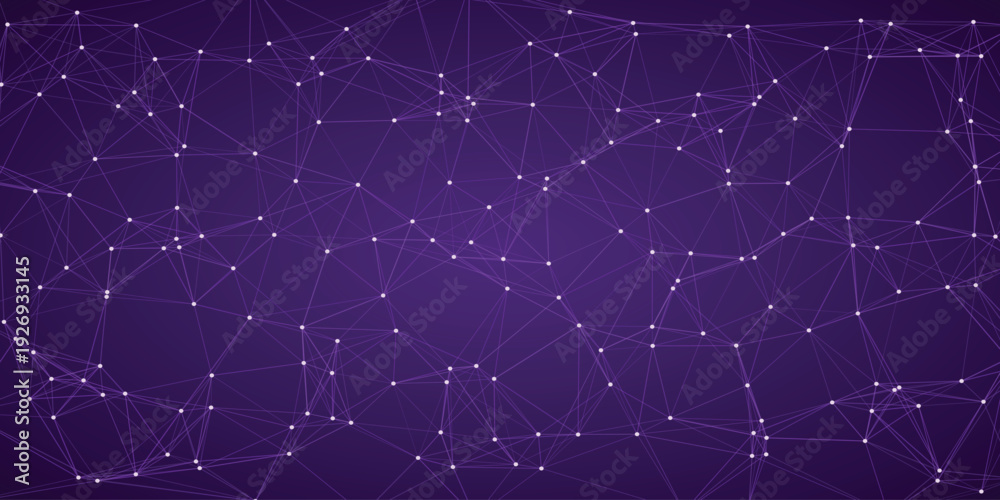 Obraz premium Intricate purple network of bright white nodes and connecting lines forming a complex geometric web on a deep purple gradient background