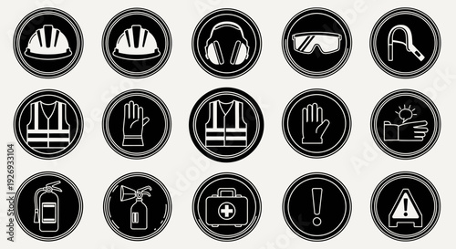 Comprehensive Personal Protective Equipment (PPE) and Safety Icons Set, Black Outline in Bright Studio