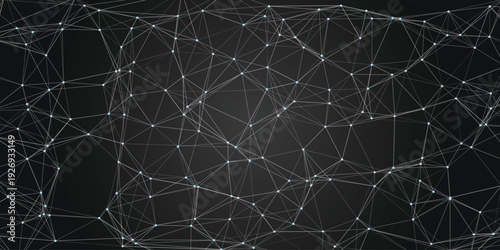 Monochromatic network of interconnected nodes and lines creating a complex geometric web pattern on a dark gray textured background