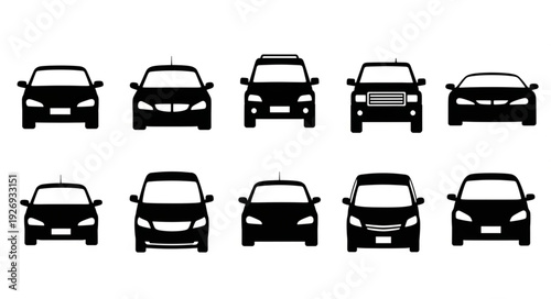 Collection of various car silhouettes in black color, front view, isolated on white background.