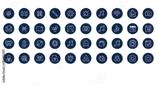 Comprehensive Digital App Icons Set for UI UX and Web Interface in Blue Circle on Bright Studio