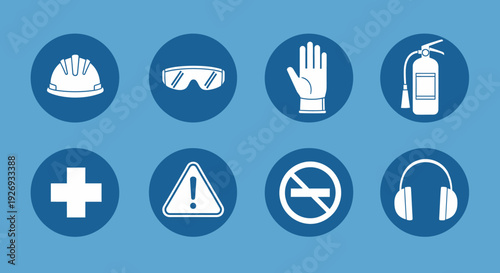 Safety and Personal Protective Equipment Flat Icons in Blue on Bright Studio Background