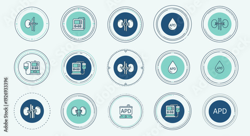 Set of Medical Dialysis and Kidney Health Flat Icons in Blue and Teal on Bright Studio Background
