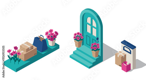 isometric front door entrance with flower pots and packages in modern 3d style for home delivery illustration