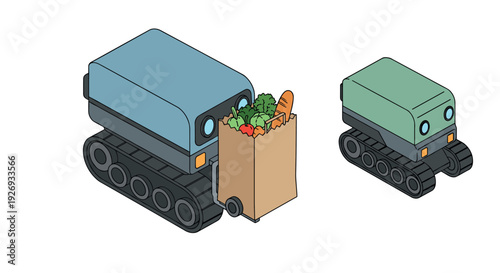 two autonomous delivery robots carrying grocery bags with fresh food in colorful isometric style