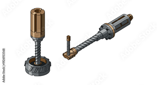 metal mechanical screws with threading and cogwheel elements isometric hand drawn illustration for industrial and engineering design