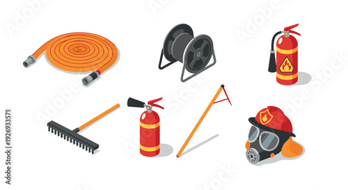 set of firefighting equipment including hose reel fire extinguisher rake and protective helmet in isometric style