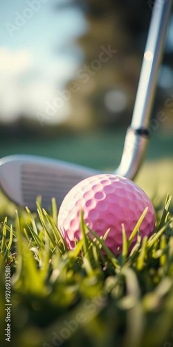 Dreamy low angle of a soft pink golf ball nestled in dew-kissed pastel green grass, club subtly blurred beyond,  elegant,  soft
