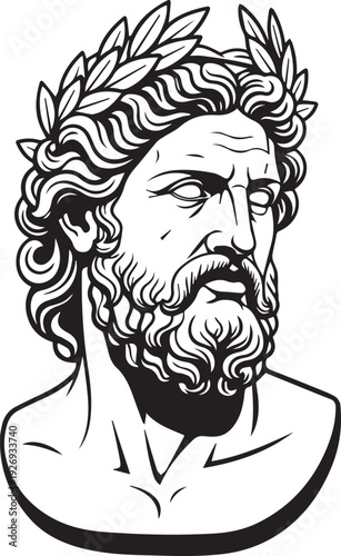 Classical Greek God Zeus Bust. Ancient mythological male deity portrait with laurel wreath isolated. Historic Roman Jupiter antiquity line art drawing for elegant classic mythology design