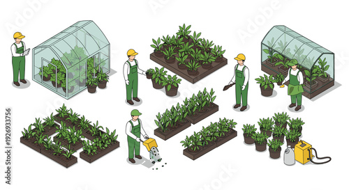 isometric set of people gardening with potted plants raised beds and greenhouses in hand drawn style for farming and horticulture concept
