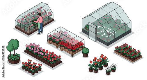 isometric set of flower pots and greenhouses with flowering plants and gardener in hand drawn style for gardening and horticulture design