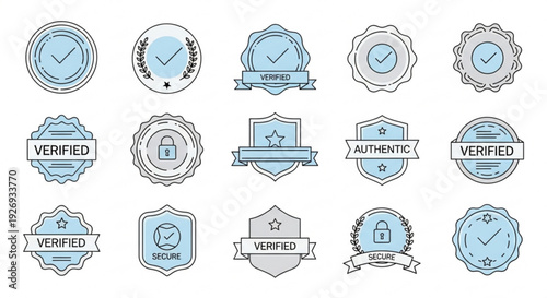 A collection of blue and grey verification badges and icons for secure and authentic design