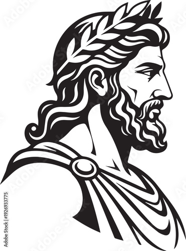 Ancient Greek God Zeus Profile. Classical mythological male deity bust with lightning bolt isolated. Historic Roman Jupiter antiquity line art drawing for elegant classic mythology art design