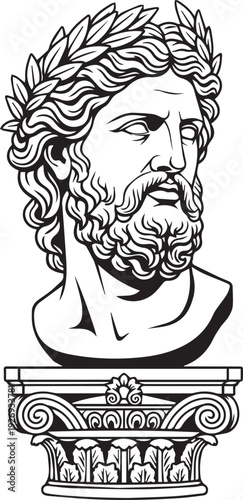 Greek God Zeus Statue on Pedestal. Ancient classical mythological male deity bust with laurel wreath isolated. Historic Roman Jupiter antiquity line art drawing for classic architecture design