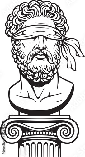 Blindfolded Greek God Zeus Statue. Ancient classical mythological male bust on pedestal isolated. Historic Roman Jupiter antiquity line art drawing for dramatic classic architecture design