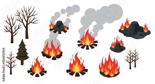 collection of hand drawn forest fire and campfire flames with trees and smoke elements