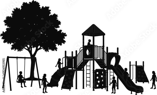 Children playground silhouette scene with slides swings and climbing frames, kids playing in park under tree, outdoor recreation vector illustration