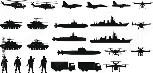 Military silhouettes set, army vehicles, tanks, warships, submarines, aircraft, drones and soldiers vector illustration isolated on white background collection
