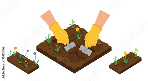 hands planting flowers in garden soil patch with gardening gloves and trowels in flat style