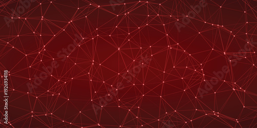 Red interconnected geometric network of points and lines creating a complex digital mesh on a dark red gradient background abstract science technology concept