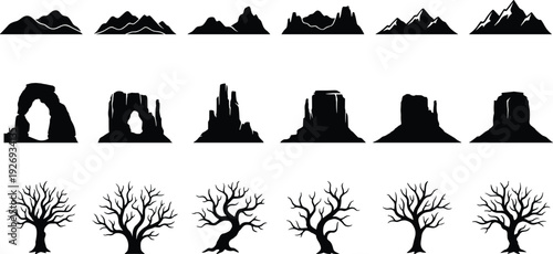 Set of mountain, rock formation and bare tree silhouettes, black vector illustration collection isolated on white background for landscape and nature design.