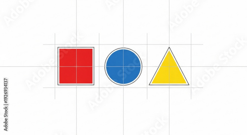 A vector graphic illustration of basic geometric shapes including a square, circle, and triangle on a grid background.
